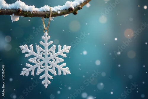 A delicate snowflake ornament dangling from a branch, decoration, snowflake