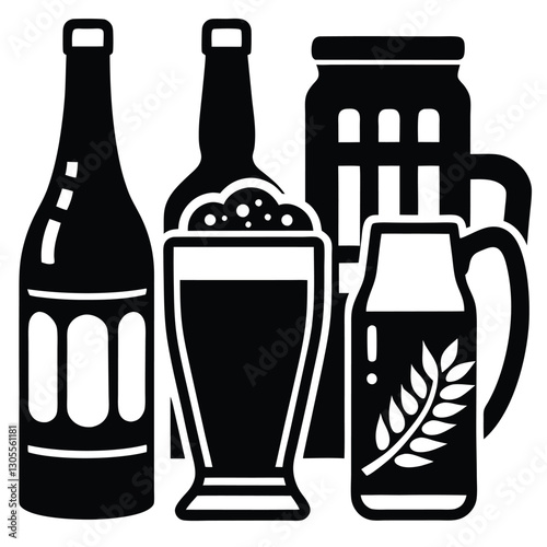 Vintage Beer Mug Collection,Retro Beer Glasses and Barley,Classic Beer Stein Design | Brewery-Themed Artwork.