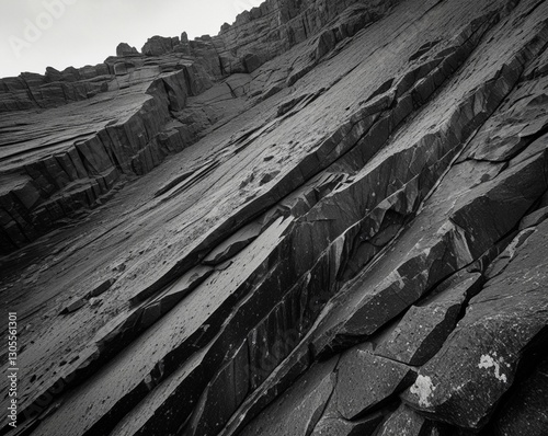 Black rock mountain surface, damaged, cracked, dark gray stone texture.