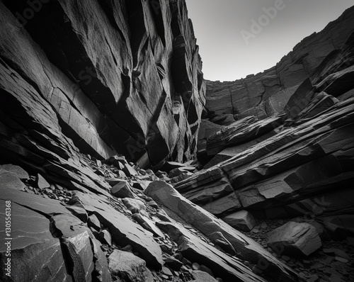 Black rock mountain surface, damaged, cracked, dark gray stone texture.