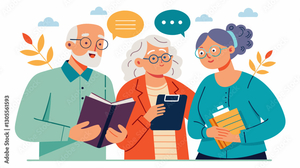 The seniors love for learning and staying intellectually stimulated is evident as they eagerly take notes and ask for recommendations for future documentaries.. Vector illustration The seniors love for learning and staying intellectually stimulated is evident as they eagerly take notes and ask for recommendations for future documentaries.. Vector illustration