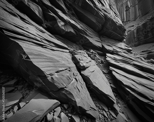 Black rock mountain surface with distressed fractured dark grey stone texture.