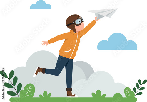 A cheerful boy in a brown helmet launching a paper airplane while standing on green grass surrounded by clouds in a flat vector illustration