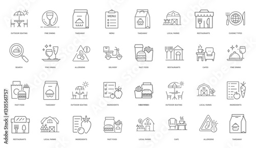 food cafe restaurant delivery essential elements basic icon, farms local seating takeaway outdoor