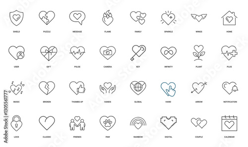essential heart elements line icons, hands hand global up thumbs