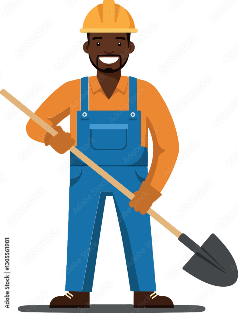 Construction worker in blue overalls holding a shovel in a cheerful pose, flat vector illustration showcasing dedication and hard work in a construction setting Construction worker in blue overalls holding a shovel in a cheerful pose, flat vector illustration showcasing dedication and hard work in a construction setting