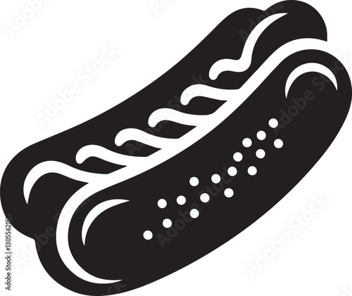A black and white illustration of a delicious looking hot dog icon