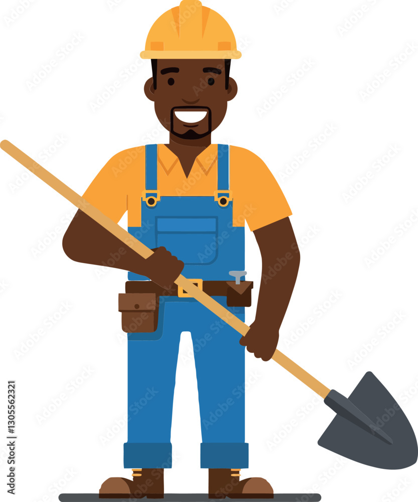 Construction worker smiling while holding a shovel in a flat design style, showcasing safety gear and friendly demeanor in vector art Construction worker smiling while holding a shovel in a flat design style, showcasing safety gear and friendly demeanor in vector art