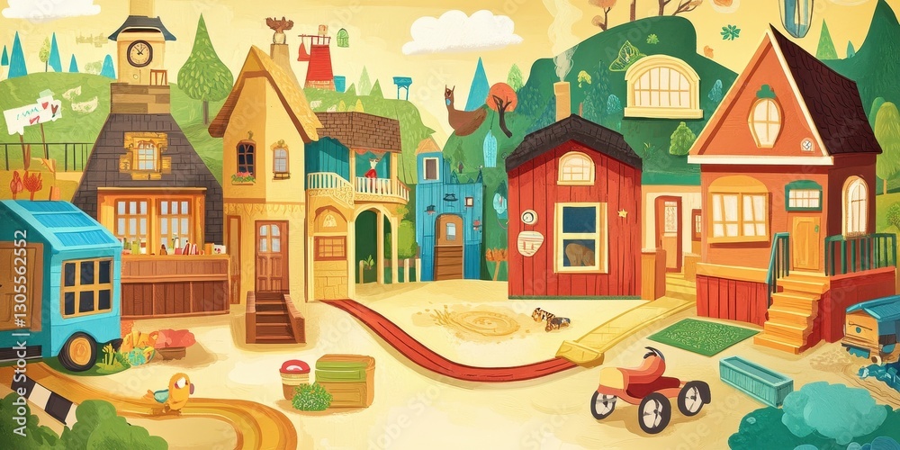 Colorful cartoon illustration of a charming imaginary town scene