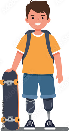 A cheerful boy with prosthetic legs holding a skateboard in a playful, flat design vector illustration showcasing resilience and positivity in an energetic setting.