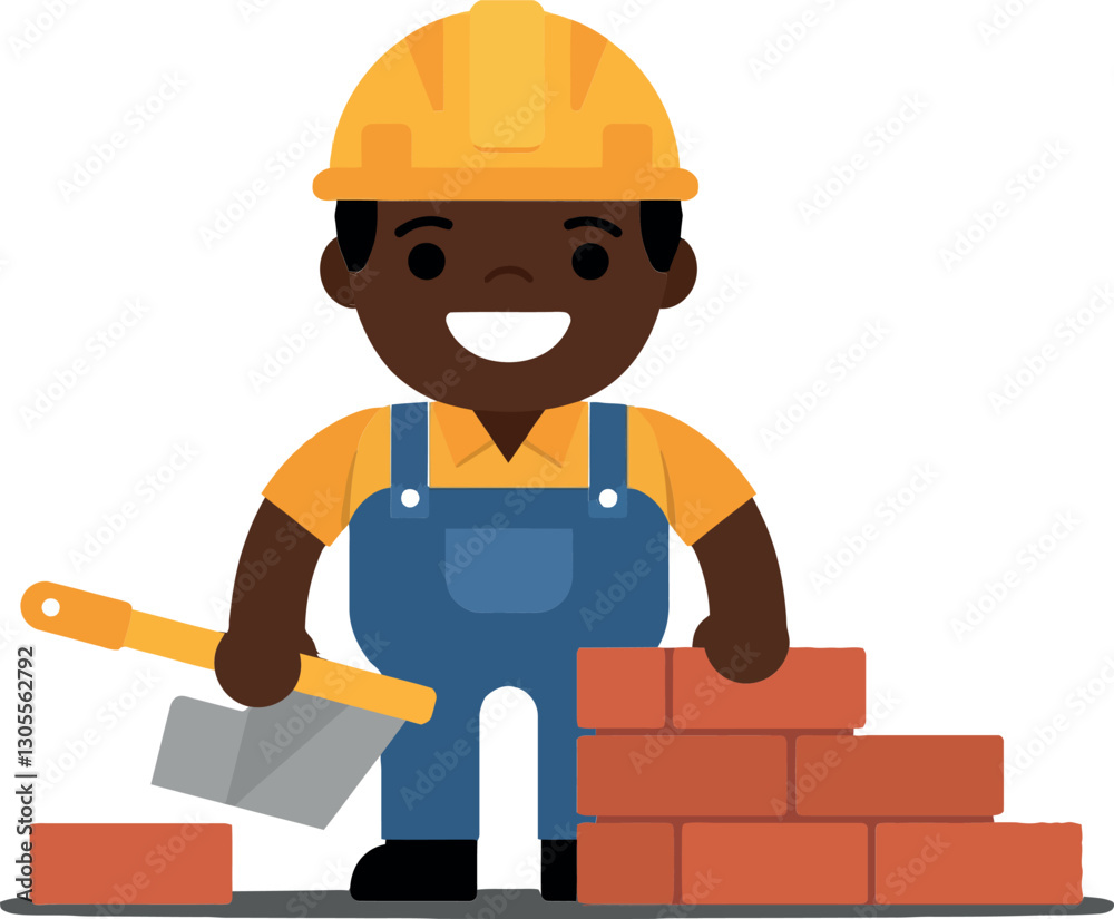 Happy construction worker in yellow hard hat and blue overalls stacking bricks in a flat, colorful vector illustration Happy construction worker in yellow hard hat and blue overalls stacking bricks in a flat, colorful vector illustration