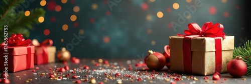A festive Christmas scene with gift boxes, confetti, and decorations in the background, holiday, christmas