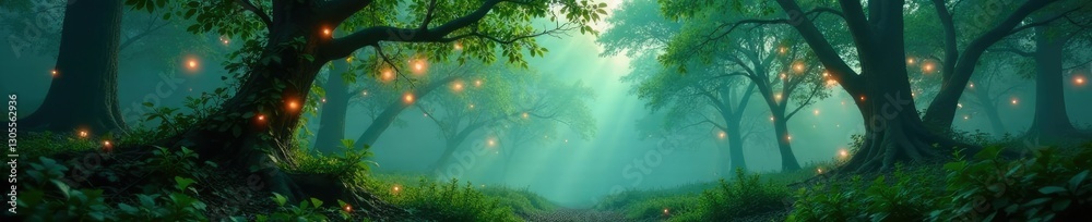 Fototapeta premium Misty forest with mistletoe vines hanging from branches, leaves, misty, forest
