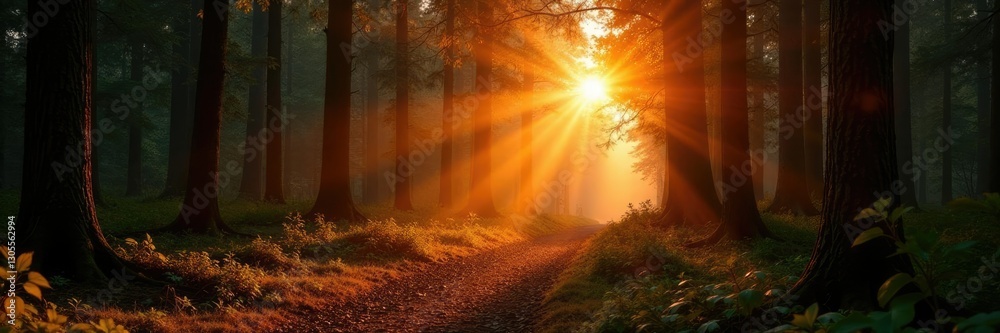Warm sunlight casts long shadows across a forest floor at sunrise, branches, sunrise Warm sunlight casts long shadows across a forest floor at sunrise, branches, sunrise