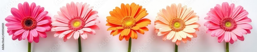 Gerbera daisies in shades of pink and orange on a white background, daisy, colorful, bright Gerbera daisies in shades of pink and orange on a white background, daisy, colorful, bright
