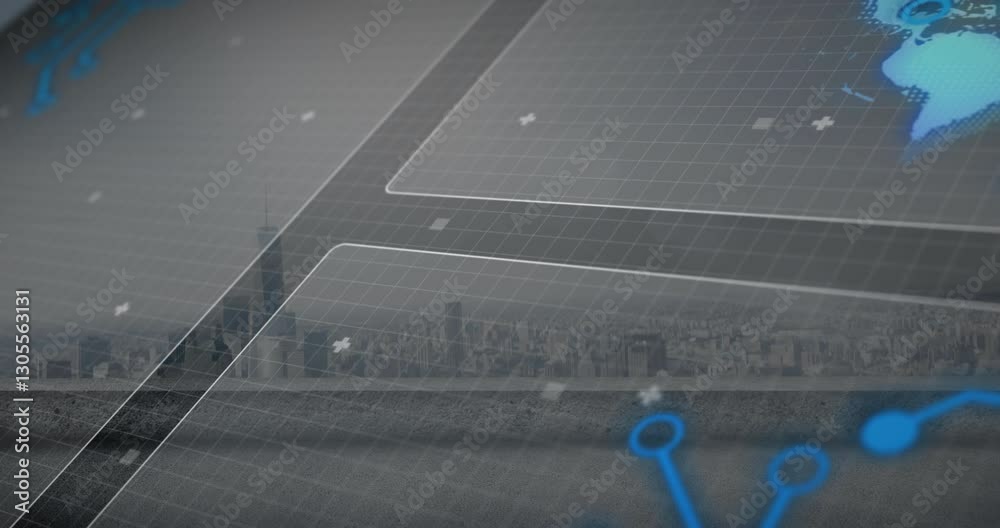 Digital map animation with cityscape overlay featuring blue navigation marker