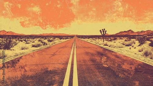 Desert highway in retro comic style warm tones with halftone effects