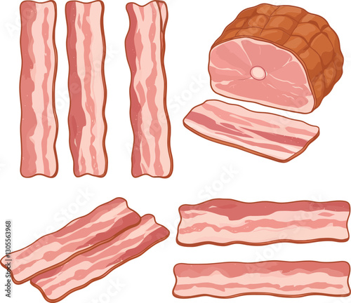 Bacon strips and a sliced ham loaf showcased in a colorful and detailed vector illustration, emphasizing texture and freshness in food design