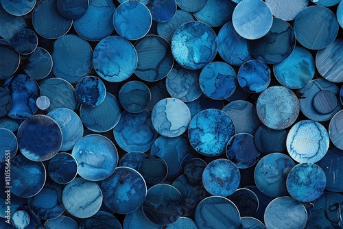 Abstract composition of overlapping blue circular shapes with intricate textured patterns