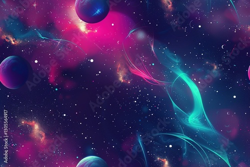 Colorful cosmic artwork showing nebulae, planets, and glowing celestial elements