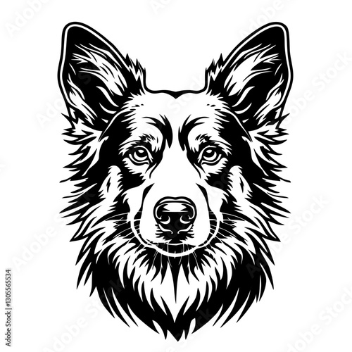 Australian Stumpy Tail Cattle Intricate black and white dog line art with detailed facial features and texture.