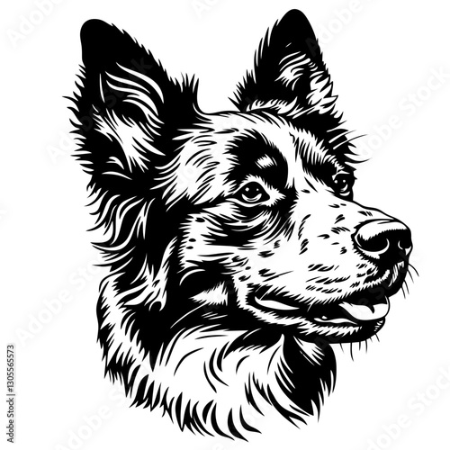 Australian Stumpy Tail Cattle Intricate black and white corgi portrait illustration for animal lovers and art enthusiasts
