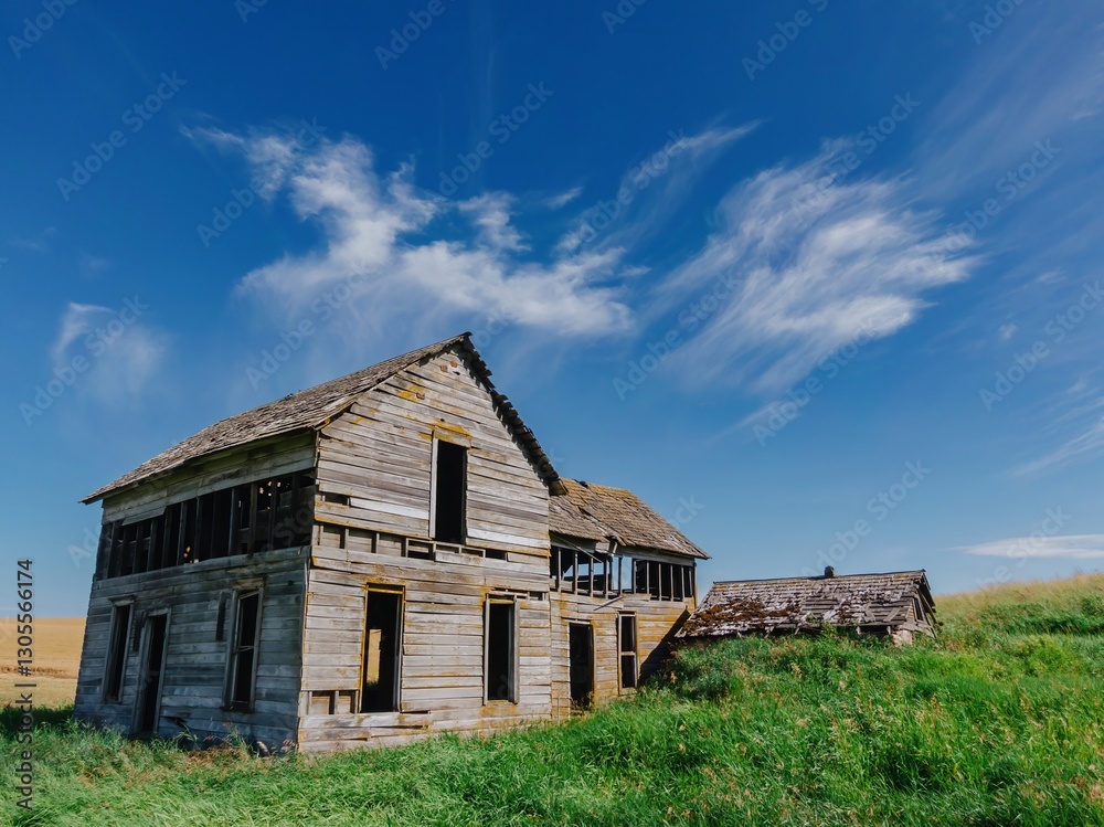An abandoned farmhouse sits in a field of tall grass, with wheat fields in the background, under a blue sky in Oakesdale, Washington, USA. The house is weathered and decaying. An abandoned farmhouse sits in a field of tall grass, with wheat fields in the background, under a blue sky in Oakesdale, Washington, USA. The house is weathered and decaying.