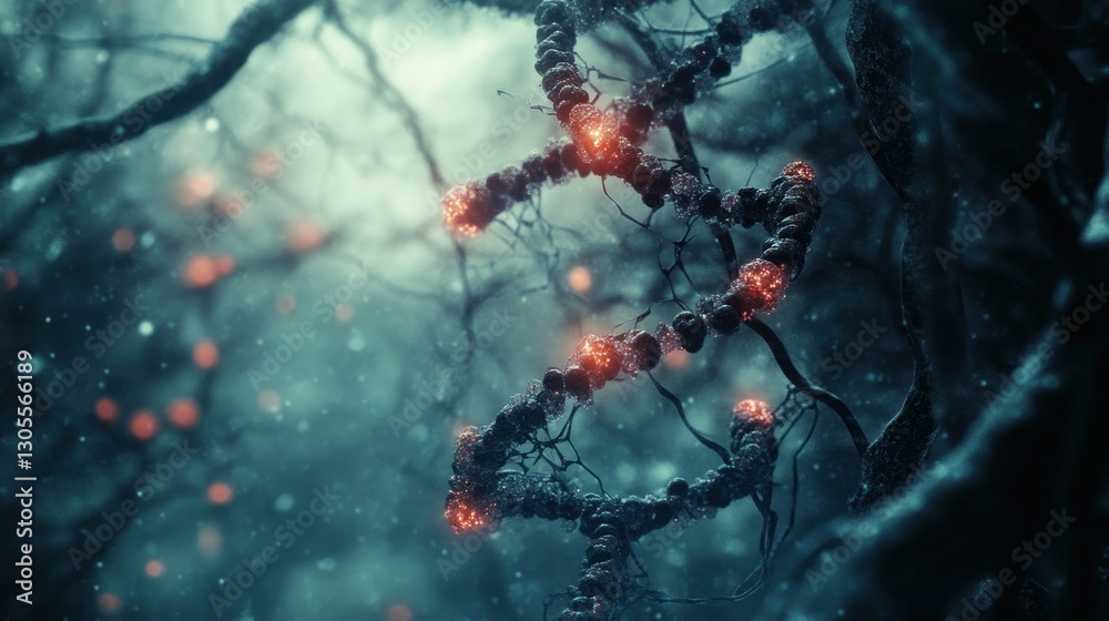 Abstract depiction of a glowing dna structure in a forest Abstract depiction of a glowing dna structure in a forest