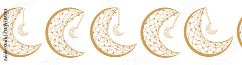 Horizontal border, set Magic and heavens seamless pattern, with magical elements Symbols of witchcraft theme