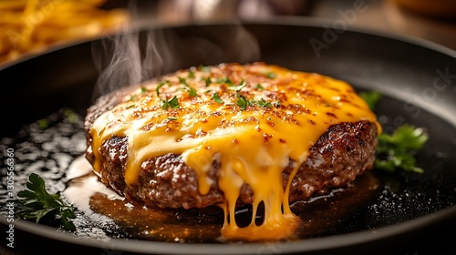 Slice of gooey cheese melting over a burger patty on a hot skillet edges slowly dripping in a mouthwatering close up shot