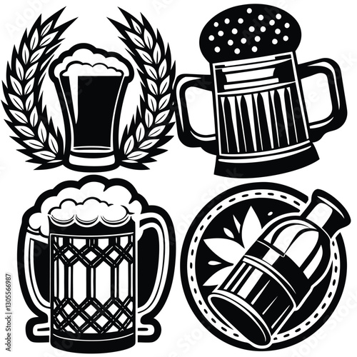 Vintage Beer Mug Collection,Retro Beer Glasses and Barley,Classic Beer Stein Design | Brewery-Themed Artwork.