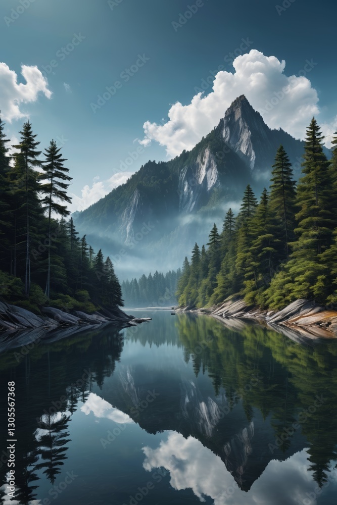 Naklejka premium mountains and trees are reflected in the still water of a lake