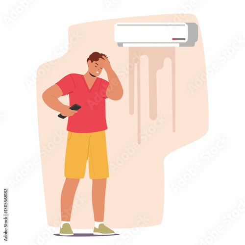 Upset man suffering from heat due to broken room air conditioner discovering leakage on wall