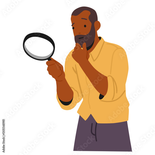 Overwhelmed man feeling pensive and thoughtful looking through magnifying glass isolated on white
