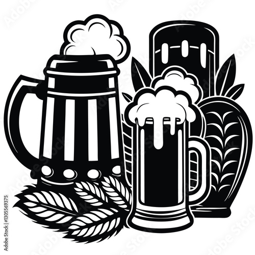 Vintage Beer Mug Collection,Retro Beer Glasses and Barley,Classic Beer Stein Design | Brewery-Themed Artwork.