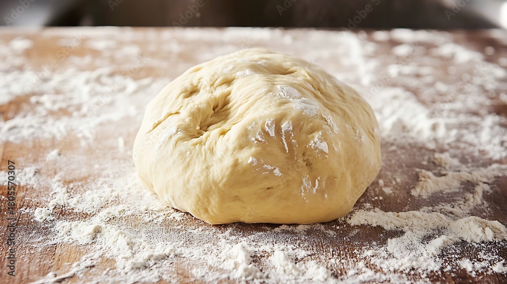 Ball of yeast dough on a floured wooden surface faint handprints visible signifying the start of homemade bread or pizza creation Ball of yeast dough on a floured wooden surface faint handprints visible signifying the start of homemade bread or pizza creation