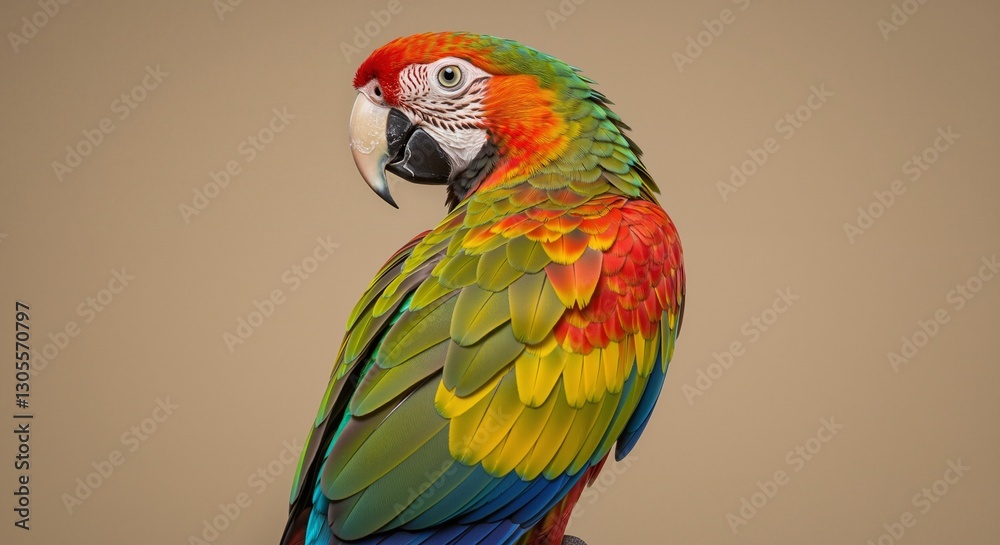 Fototapeta premium Colorful macaw perched gracefully, emanating a vibrant and lively aura, showcasing its stunning feather patterns against a neutral background