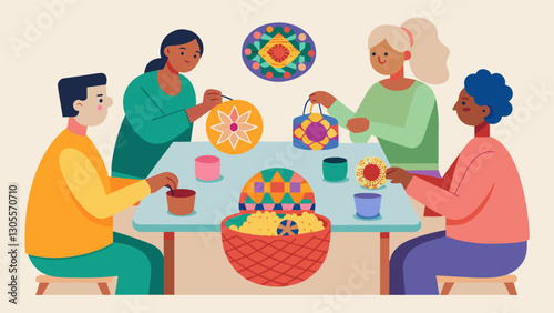 The participants sit around a large table their hands busy with weaving baskets and creating colorful mosaics while discussing the importance of creative activities for maintaining. Vector