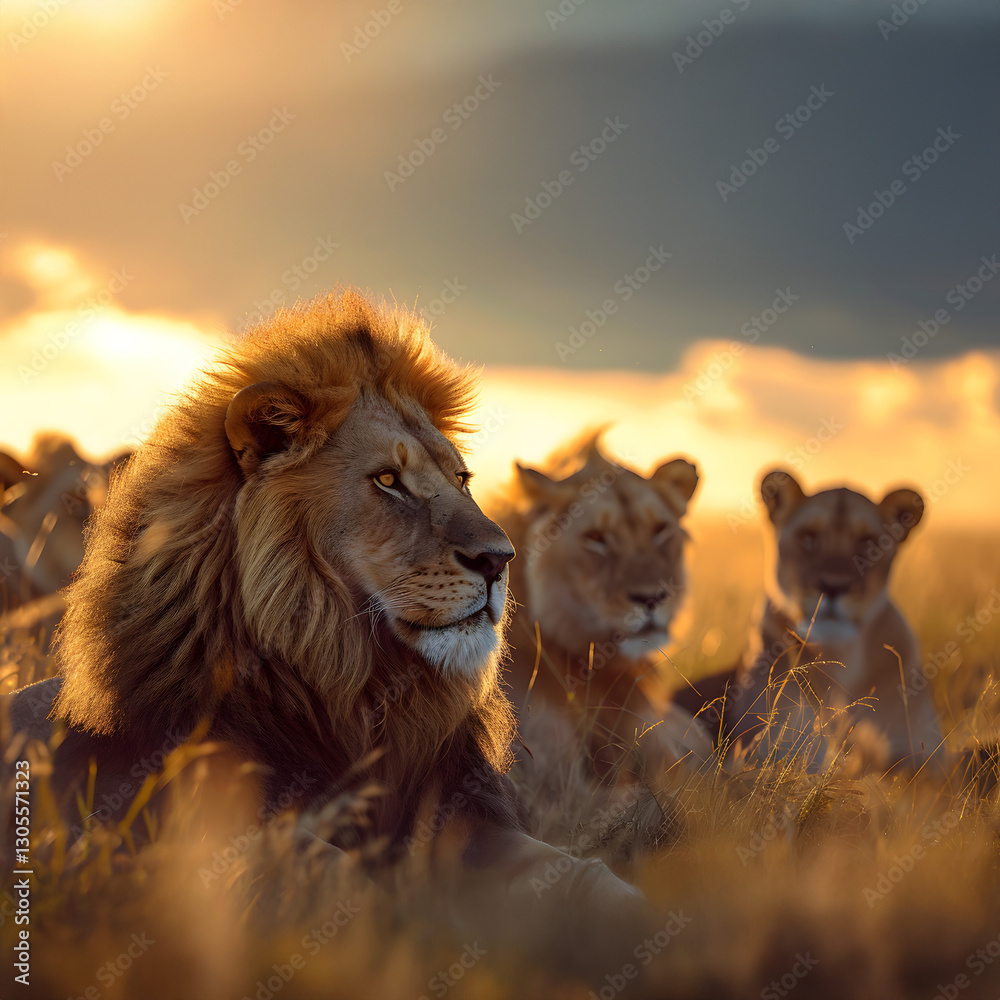 Lions standing in the savanna with setting sun shining. Group of wild animals in nature. Lions standing in the savanna with setting sun shining. Group of wild animals in nature.