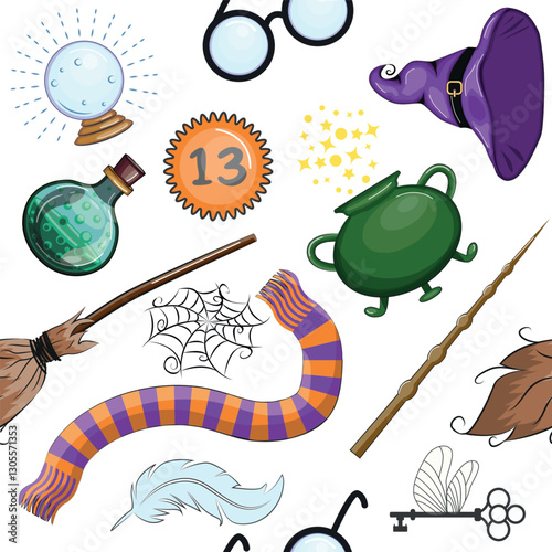 Magic items seamless pattern in cartoon bright style. Witchcraft and sorcery, Esotericism and mysticism, occultism