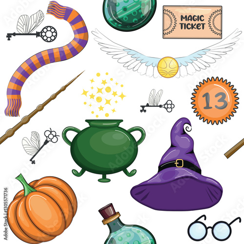 Magic items seamless pattern in cartoon bright style. Witchcraft and sorcery, Esotericism and mysticism, occultism