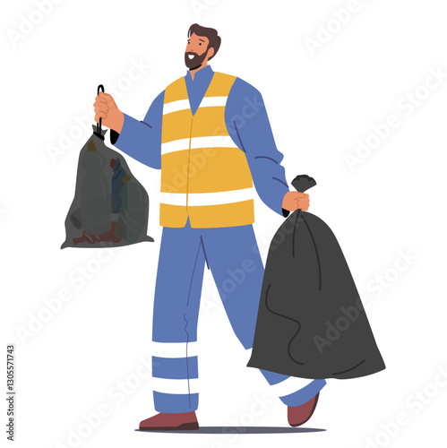 Man janitor character carrying two large trash bags in hands walking isolated on white background
