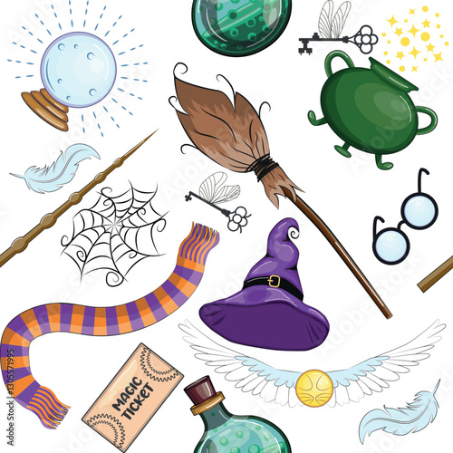 Magic items seamless pattern in cartoon bright style. Witchcraft and sorcery, Esotericism and mysticism, occultism