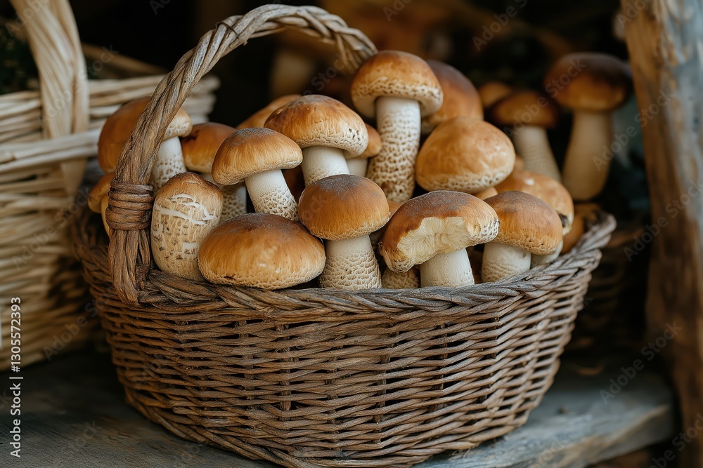 Rustic basket brimming with freshly foraged cep mushrooms in soft light Rustic basket brimming with freshly foraged cep mushrooms in soft light