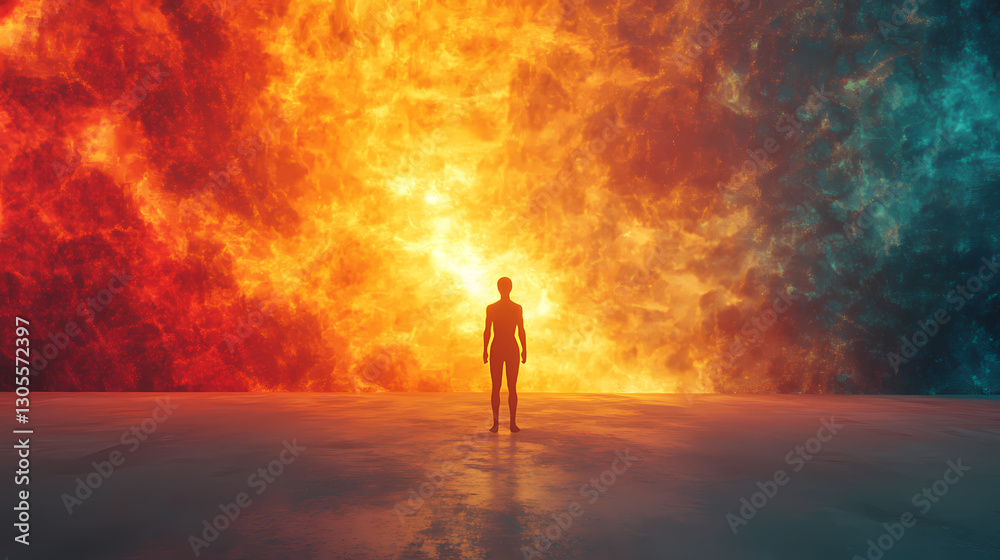 A solitary figure stands before a radiant abstract background emanating light and color representing a journey of introspection and existential exploration. Truth - Stone. Illustration A solitary figure stands before a radiant abstract background emanating light and color representing a journey of introspection and existential exploration. Truth - Stone. Illustration