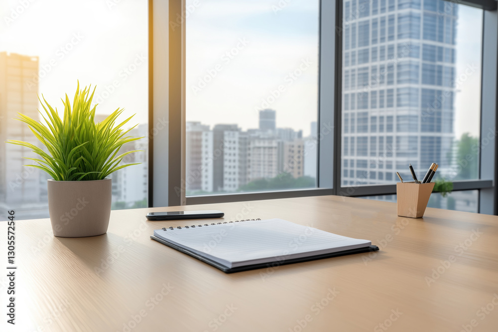 Bright office workspace with notepad and greenery near window overlooking city skyline Bright office workspace with notepad and greenery near window overlooking city skyline