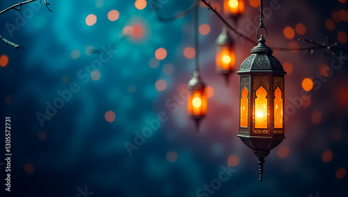 Wallpaper Mural Elegant Ramadan Lanterns Hanging Festive Night Lights Warm Glowing Amber Illumination Magical Atmosphere Beautiful Ornate Design Intricate Metalwork   Torontodigital.ca