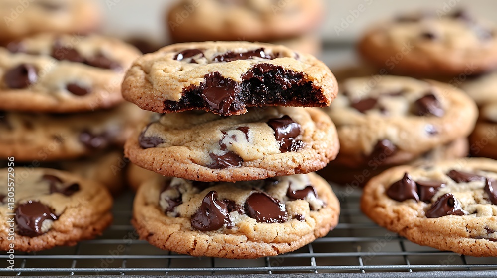 Batch of homemade chewy chocolate chip cookies slightly underbaked centers with gooey chocolate morsels stacked on a cooling rack Batch of homemade chewy chocolate chip cookies slightly underbaked centers with gooey chocolate morsels stacked on a cooling rack