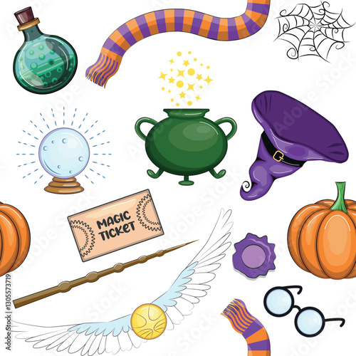 Magic items seamless pattern in cartoon bright style. Witchcraft and sorcery, Esotericism and mysticism, occultism