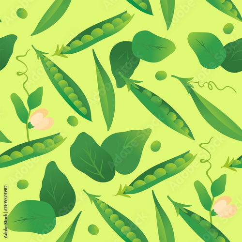 endless pattern with green peas. beautiful pea pods with leaves and flowers on a seamless background